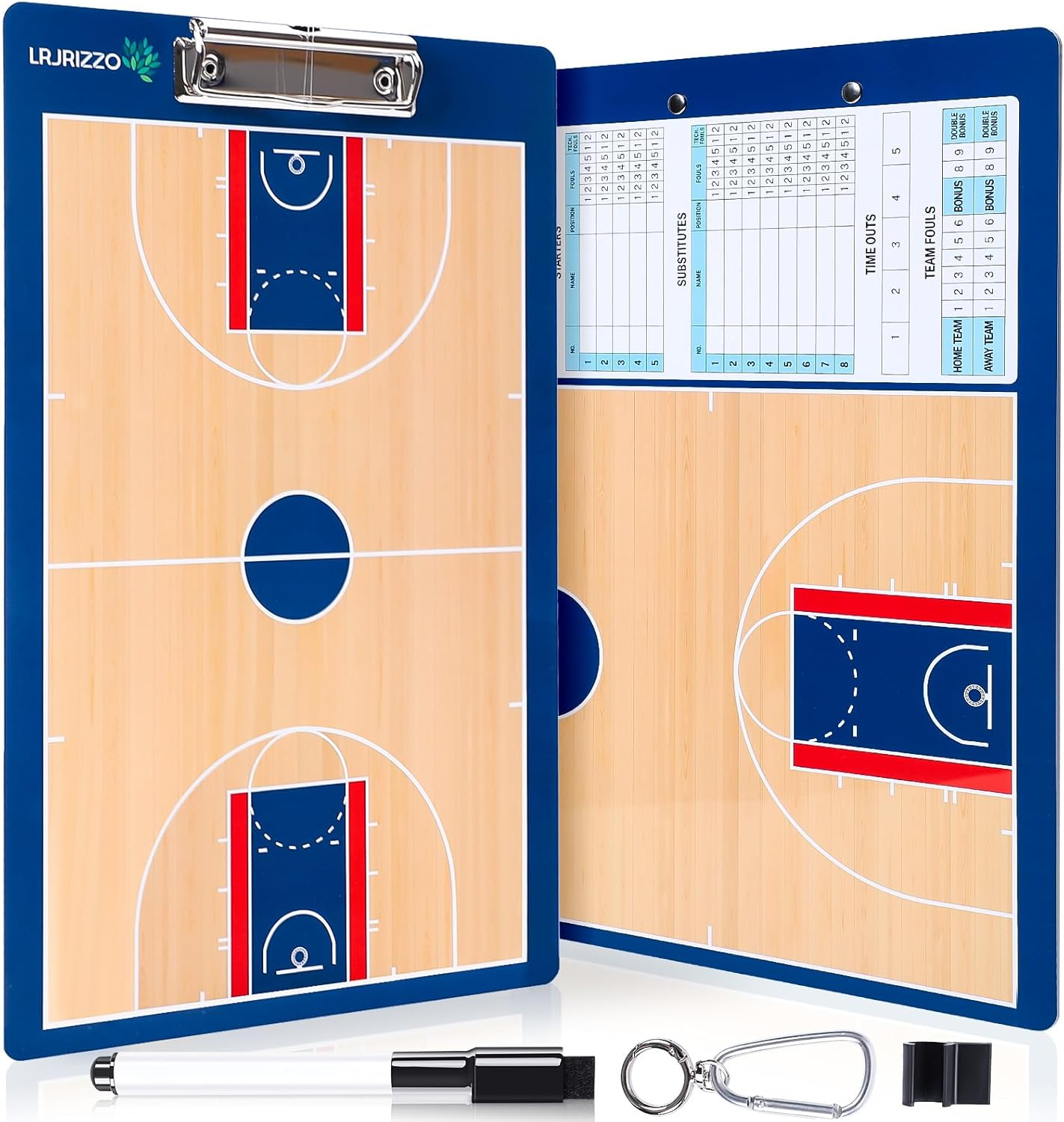 Double-sided dry erase basketball coaching clipboard with marker